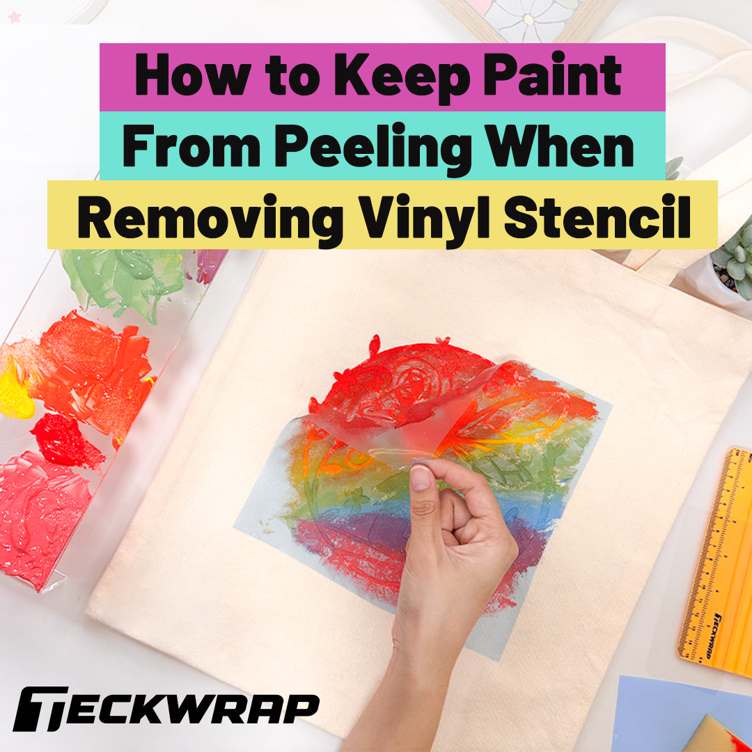 Hand peeling a vinyl stencil from a colorful rainbow paint design on fabric. Text above reads 