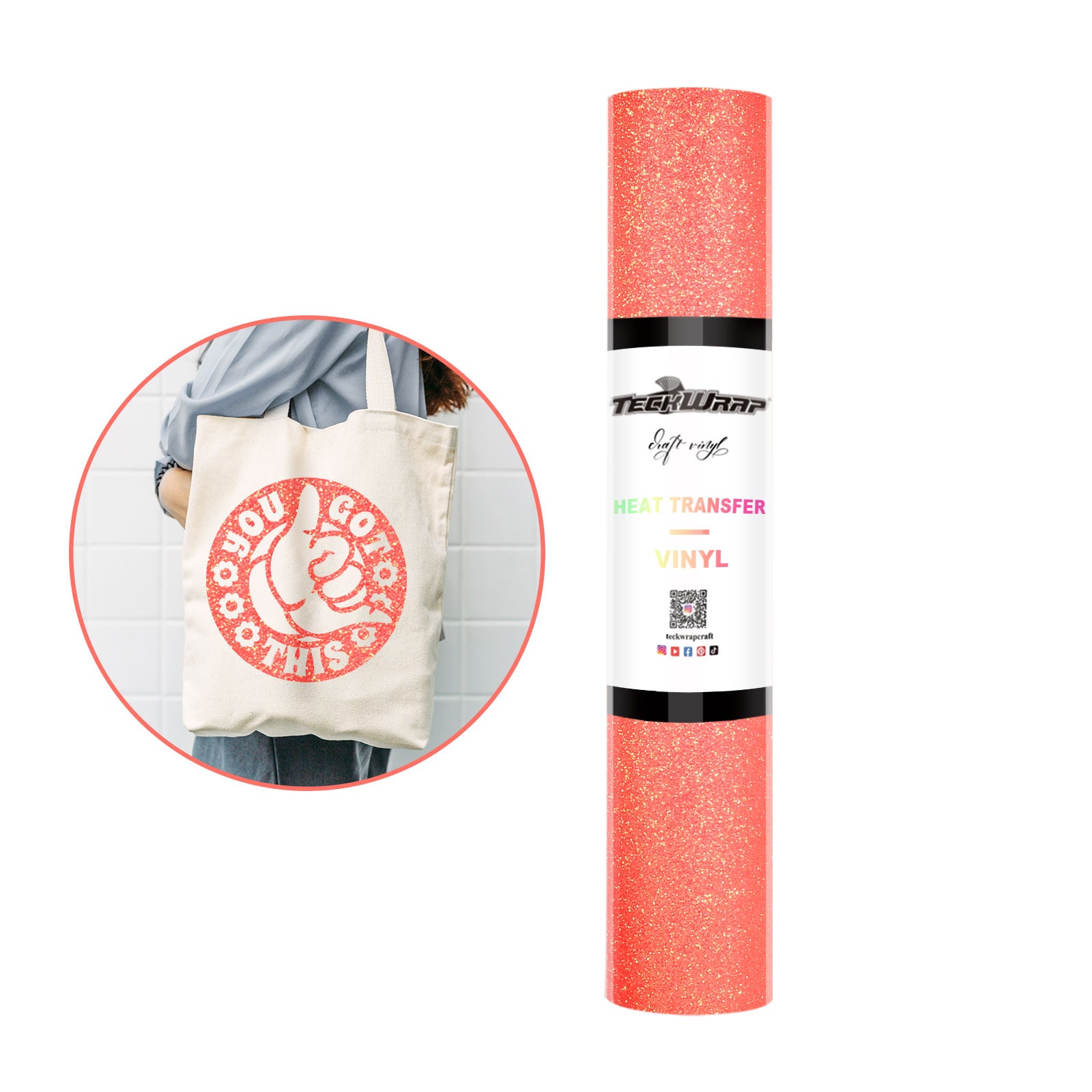 Glitter Heat Transfer Vinyl 5ft roll 5ft Neon Peachy