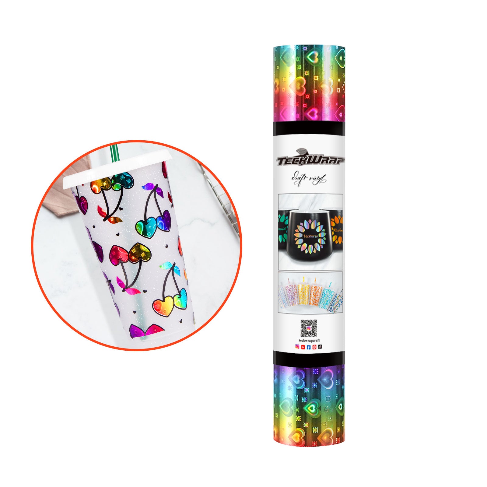 Holo Rainbow Pattern Adhesive Vinyl - 5ft / Rainbow Hearts - TeckwrapCraft