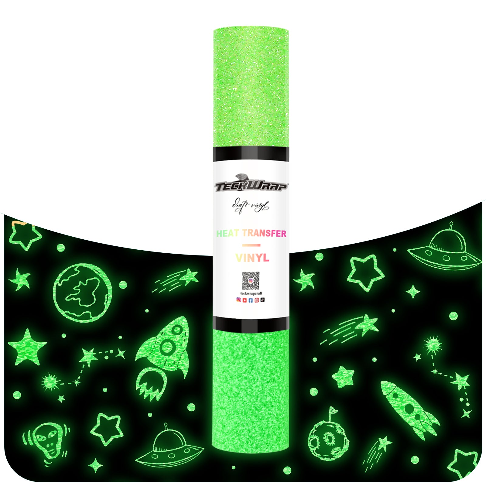 Glitter Glow in the Dark Heat Transfer Vinyl 5ft Green, Glow In The Dark HTV Role Green